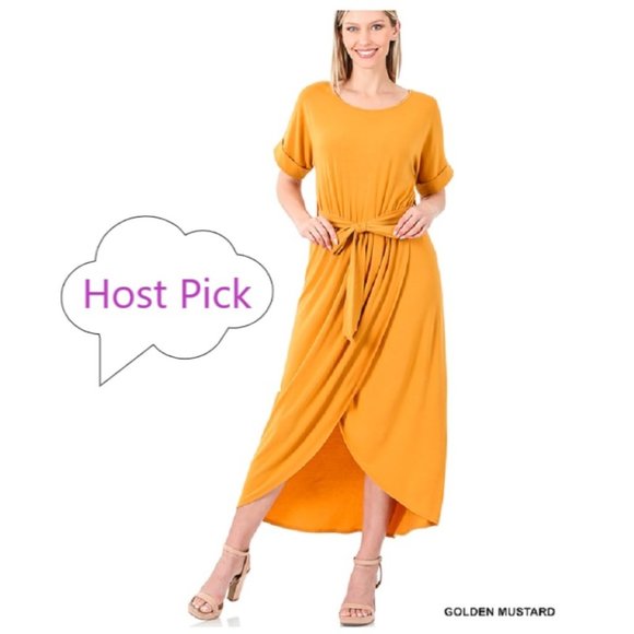 Belted Short Sleeve Tulip Dress - Maxi Dress - Hi Low Spring / Summer Dress - Picture 1 of 5